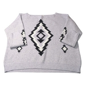 AndTheWhy Sweater Grey and Black Aztec-Graphic Scoop-Neck Long-Sleeve Size S-M